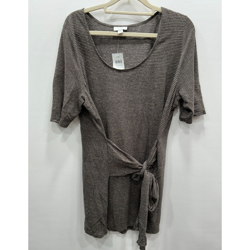 NWT J. Jill Top‎ Womens Large Brown Striped Linen Blend Wrap Tie Short Sleeve